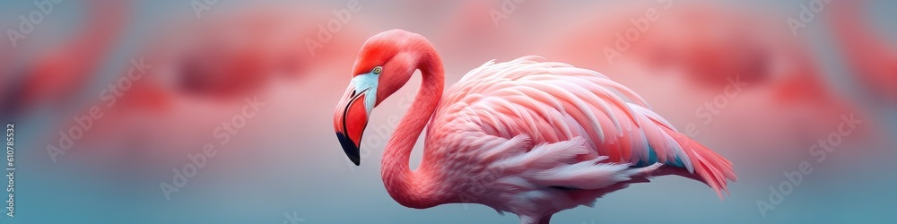 Fototapeta premium Close-up portrait of a flamingo with pink blurred background - generative AI