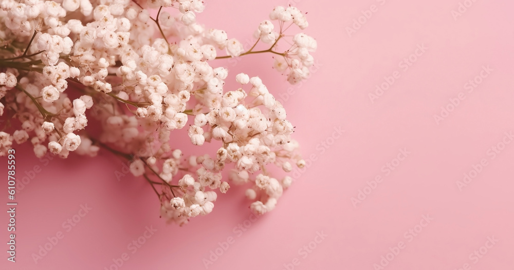 White little flowers on pastel pink background. Generative AI