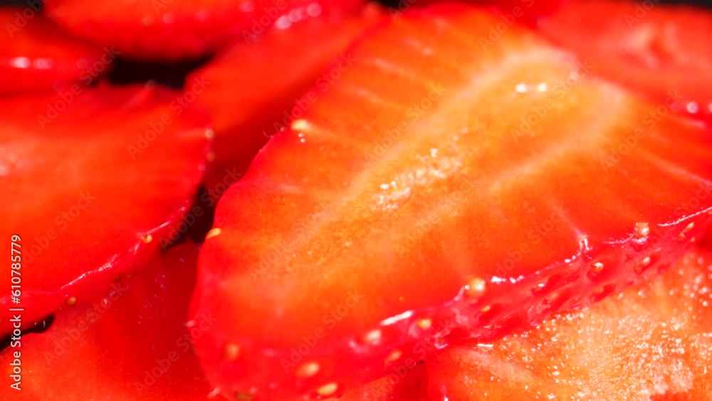 Diced ripe strawberries. Dolly shot Diced ripe strawberries. Dolly shot