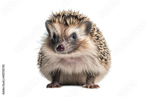Cute funny hedgehog isolated on white background. The hedgehog is sitting and looking at the camera Generative AI © esvetleishaya