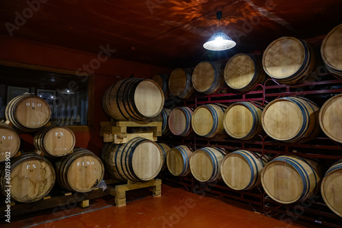 Production of fortified jerez, xeres, sherry wines in dark oak barrels in sherry triangle, Jerez la Frontera, El Puerto Santa Maria and Sanlucar Barrameda Andalusia, Spain photo