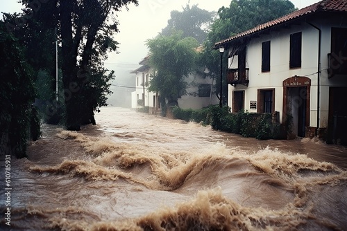 Fotografia mud with water flows in a large stream along the street from the flood, after a downpour or a mudflow