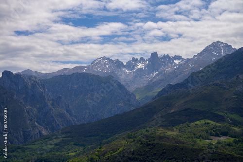 View on Naranjo de Bulnes or Picu Urriellu,  limestone peak dating from Paleozoic Era, located in Macizo Central region of Picos de Europa, mountain range in  Asturias, Spain © barmalini