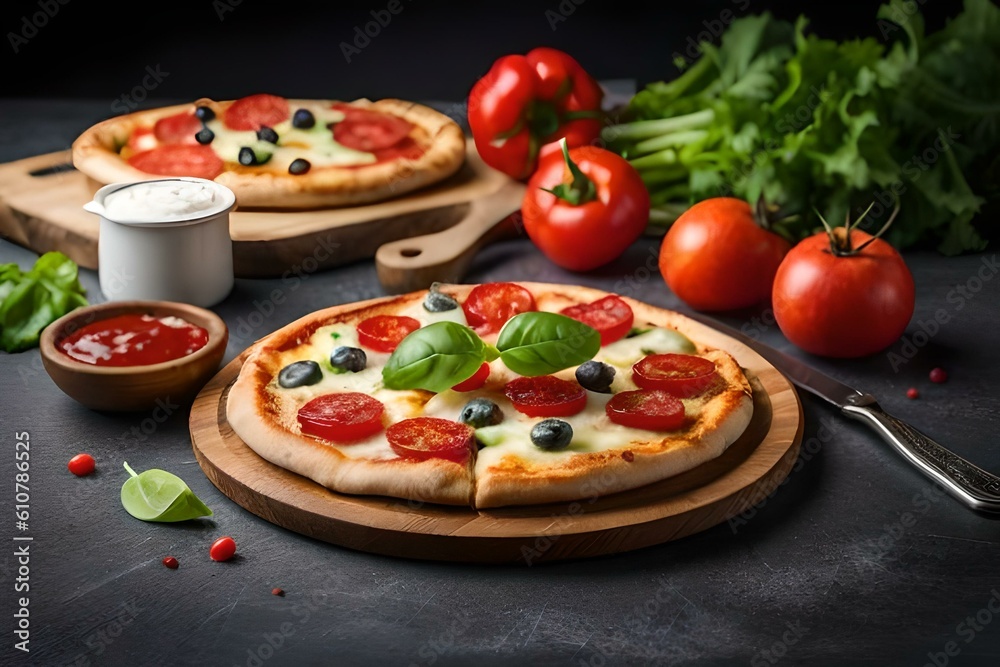 Pizza on the table with salad and ketchup