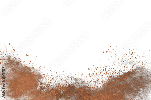 Brown color powder explosion on white background. Colored cloud. Colorful dust explode. Paint Holi.