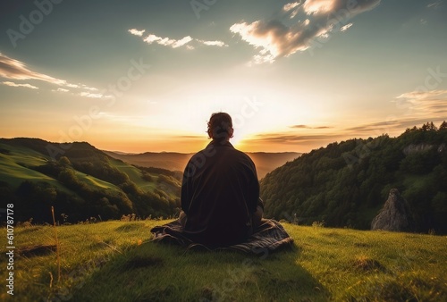 person sitting on a hill watching landscape and sunset / sunrise - generative AI © lebanmax