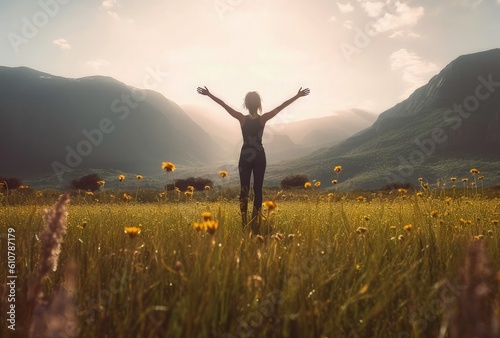 woman with open arms take a bath of nature and sun. Freedom concept- generative AI