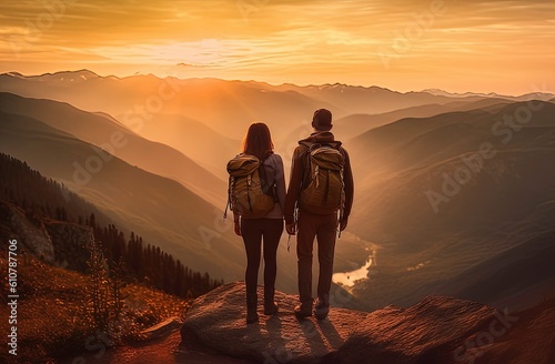 sunset in the mountains, couple of hikers enjoynf the view - generative AI, generative, AI 