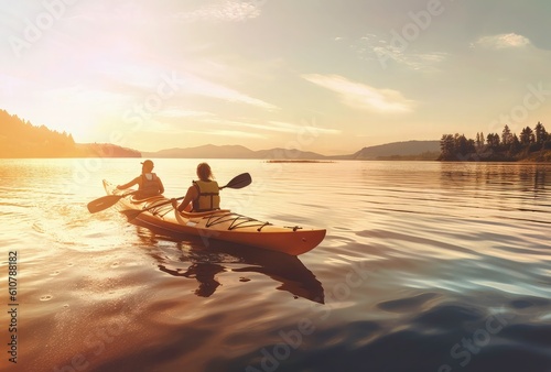 couple (man and woman) kayaking on lake at sunset - generative AI 