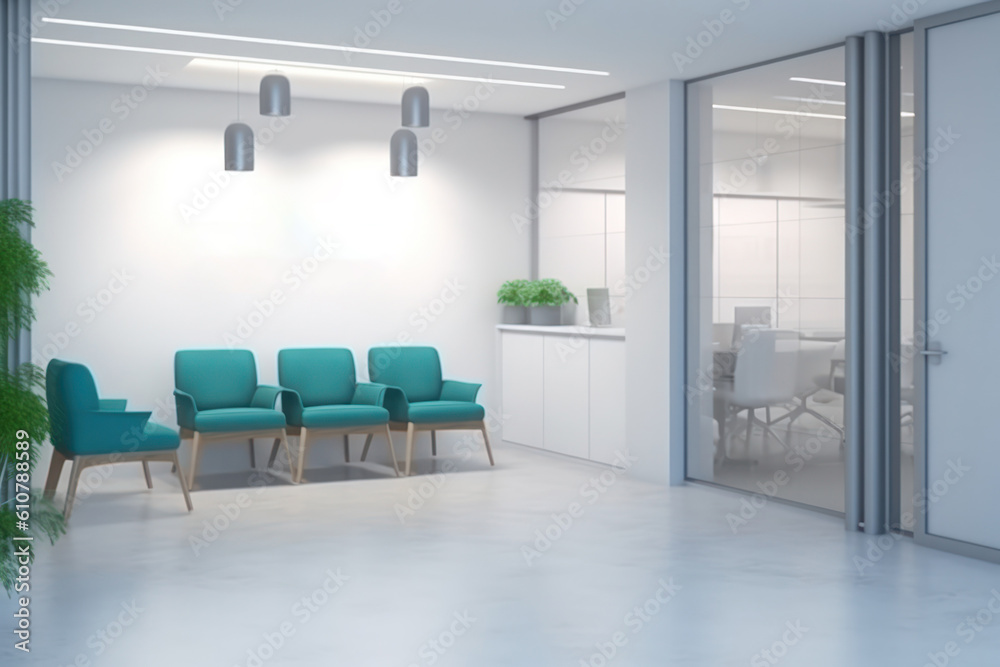 Interior of modern medical clinic office waiting room mock up , green sofas and reception desk.