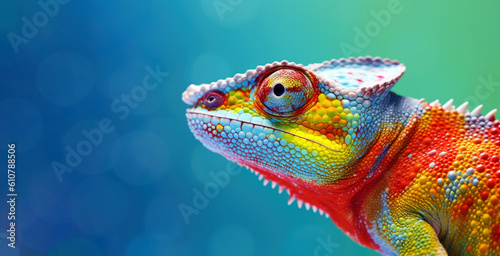 Colorful chameleon on a blue background, Generative AI photo