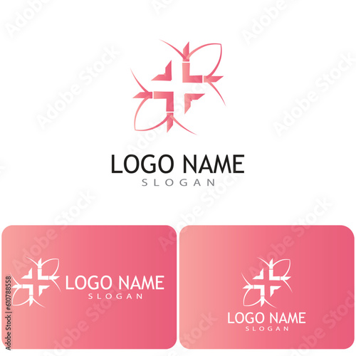 a pink and white logo with a cross, A logo with a cross and a butterfly.A logo with a pink background.

