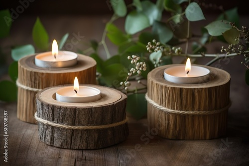 Handmade Candle from soy and wood. Sustainability Eco concept. copy space