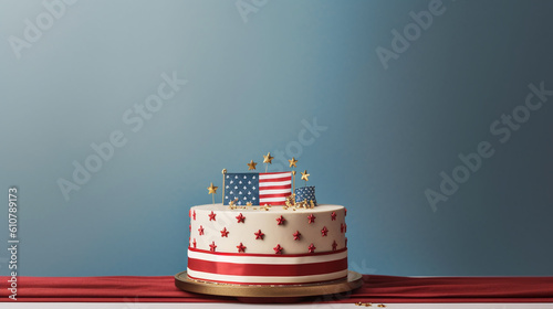 Patriotic 4th of July Themed Cake in Red, White, and Blue with Copy Space - American Holiday Dessert in USA Colors - Memorial Day, Veterans Day, Fourth of July, Flag Day Theme - Generative AI