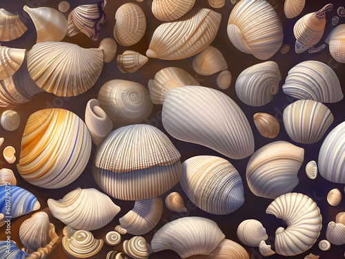 illustration of a large collection of exotic seashells on a dark surround, background or wallpaper design. generative ai