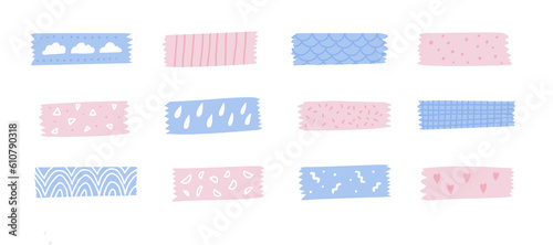 Pink and blue washi tape, decorative patterned paper vector tapes isolated on white background.