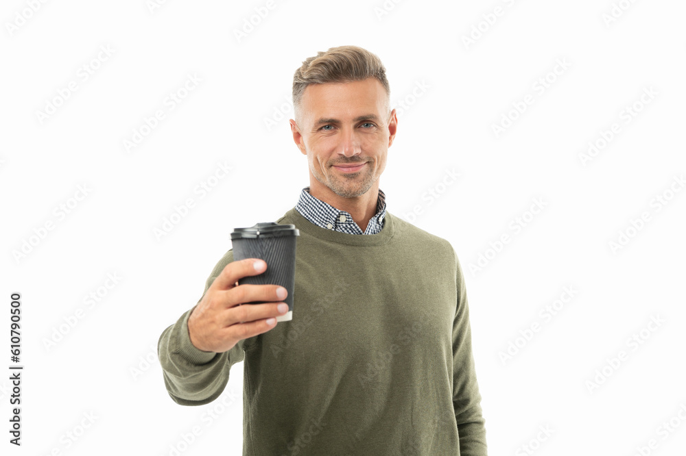 photo of guy at coffee break, selective focus. guy at coffee break isolated on white.