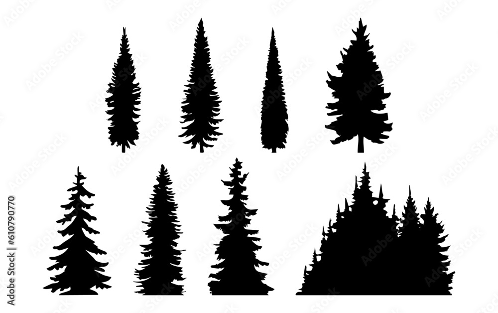 Obraz premium Vintage pine tree silhouette. Trees and forest set in monochrome style vector illustration