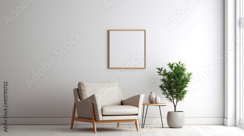 Minimalistisch eingerichtetes Zimmer mit Interieur aus einem Stuhl, Beistelltisch, Pflanze, Vasen und leerem Bilderrahmen an der Wand als Template (Rahmenvorlage) für Poster, Gemälde etc. (Gen. AI)