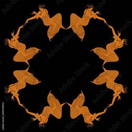 Geometrical ethnic frame with ancient Greek women. Vase painting style. On black background.
