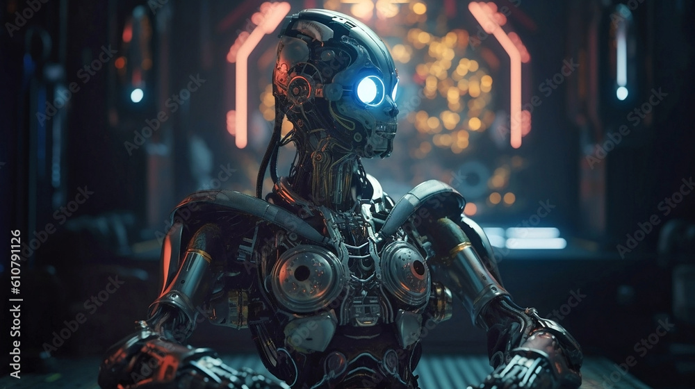 Generative Ai image of a robot sitting in front of a computer Generative Ai image of a robot sitting in front of a computer