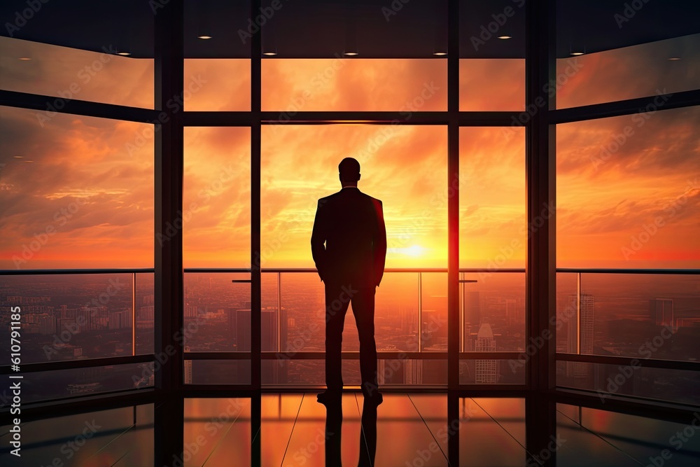 Person standing in front of a large glass window, looking out at the city skyline, representing the idea of of clear vision and a long-term perspective in achieving business success. Generative AI