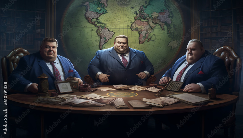 Portraits of three fat politicians in formal suits at the table are broadcasting about domination and world news. Generative AI.