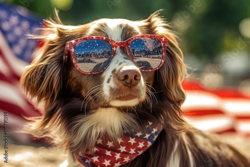 dog with sunglasses on wearing patriotic bandana Generative AI © SKIMP Art