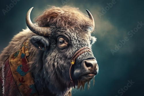 Anthropomorphic Bison dressed in human clothing. Humanized animal concept. AI generated, human enhanced