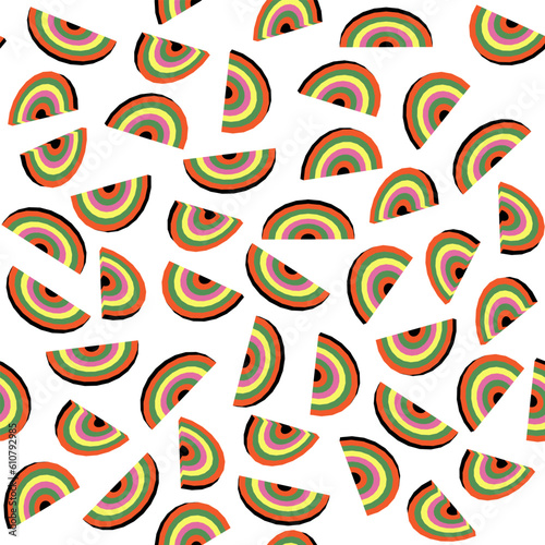 pattern with spirals. Vector image of a rainbow in different projections on a white background. Seamless pattern. Poster.
