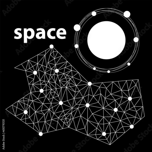 black and white background. Vector image of space. The concept of the solar system and constellations. Template for cover, poster.