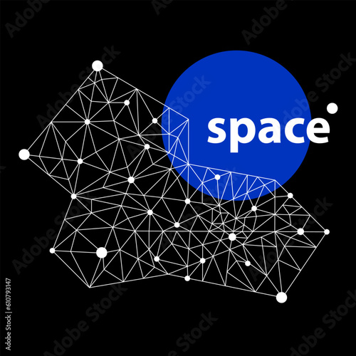 symbol on blue background. Vector image of space. Conceptual representation of planets and constellations. Template for cover, poster.