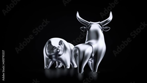 A Bull versus a Bear. Artistic metallic figurines of a bull and a bear are standing opposite of the each other on a black reflective background. 3D rendering cyclic «seamless» turntable animation.