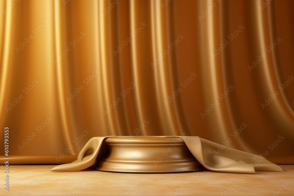 Golden luxury cloth placed on top pedestal, background. Backdrop for design. AI generated, human enhanced