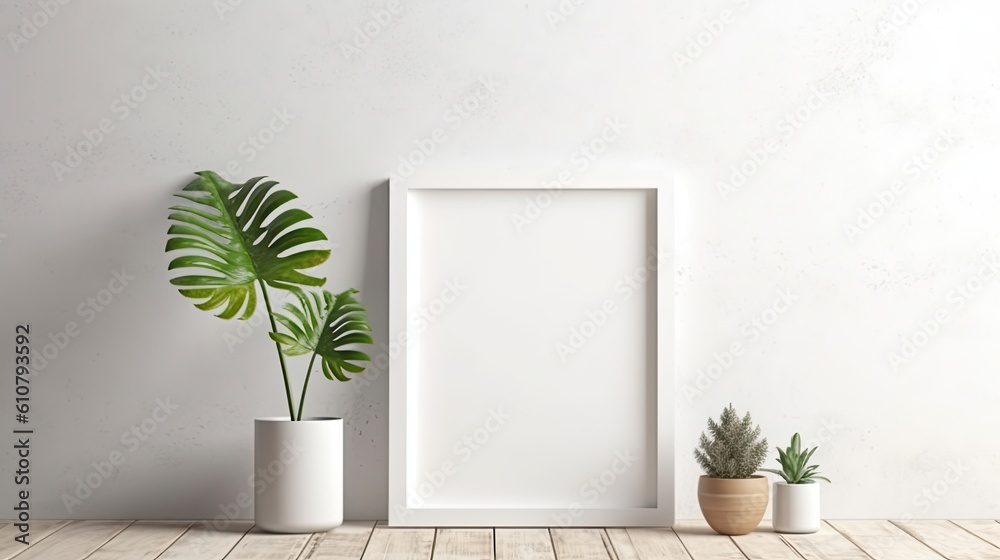 White interior poster mock-up against a background of a white wood wall with an empty frame and a plant in a vase. Generative AI White interior poster mock-up against a background of a white wood wall with an empty frame and a plant in a vase. Generative AI