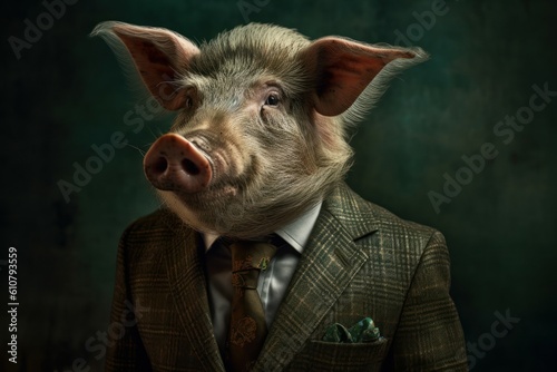 Anthropomorphic boar dressed in a suit like a businessman. business concept. AI generated, human enhanced