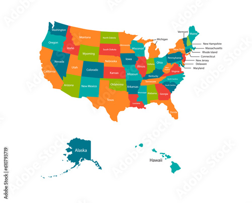 United States of America map and infographic of provinces, political maps of United States of America - Vector File