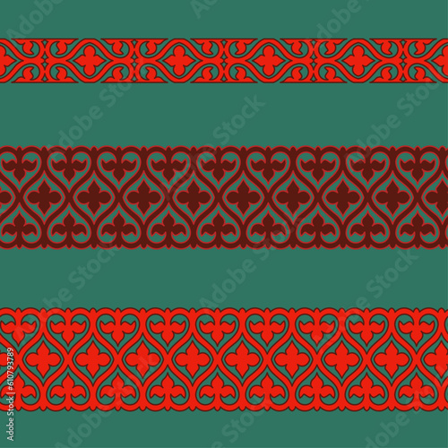 Set of 3 seamless border workpiece for your design. Ornamental elements and motifs. Decor for textile and print design. Vector.	
