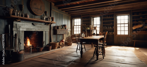 Inside a 1700s, early 1800s, colonial or pre electric age old wood cabin or house with fireplace.  Room with tools, various containers, and a table. rustic feel. Hand edited generative AI.  photo