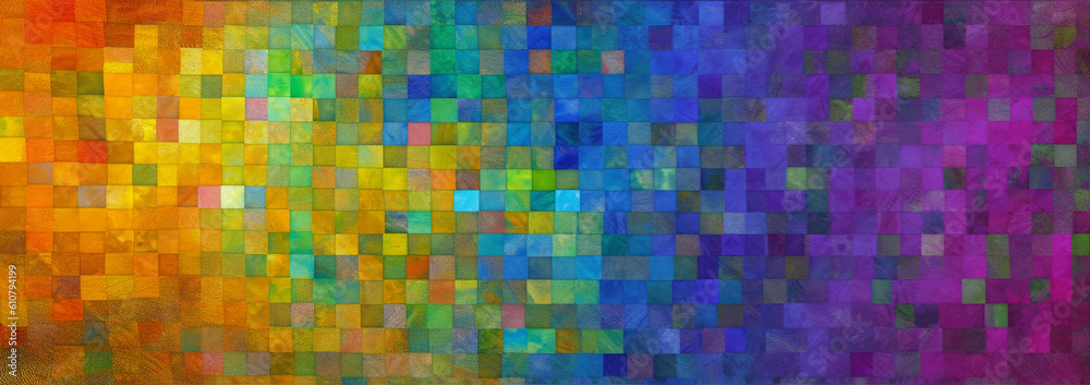Spectrum of multiple colors tile style mosaic abstract background. Gradation of colors from orange to purple. Deep rainbow colors. Hand edited generative AI. 