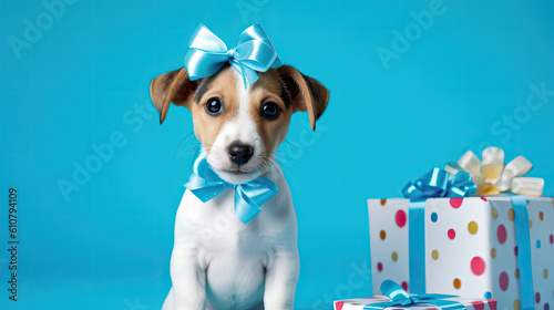 Advertising portrait of a jack russell terrier girl dog puppy wearing a bow, around gifts on blue background