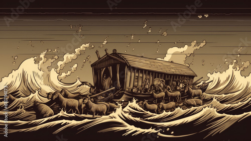 creative illustration of a noah's ark with animals in the storm. Generative AI
