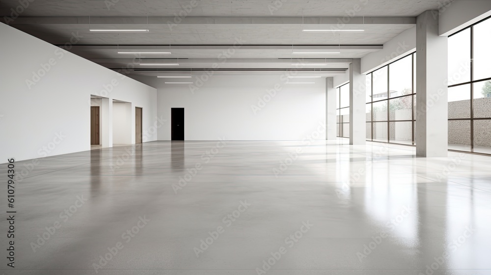 Interior of a minimalist empty room with a white mid-century design and a concrete floor. Generative AI
