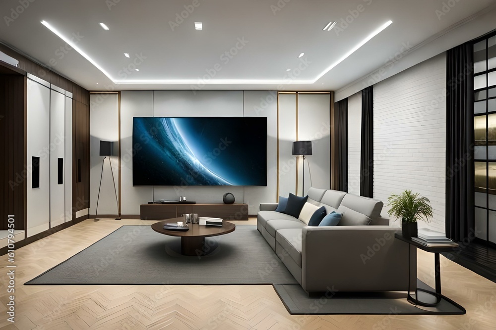 A modern living room with sleek furniture, minimalist decor