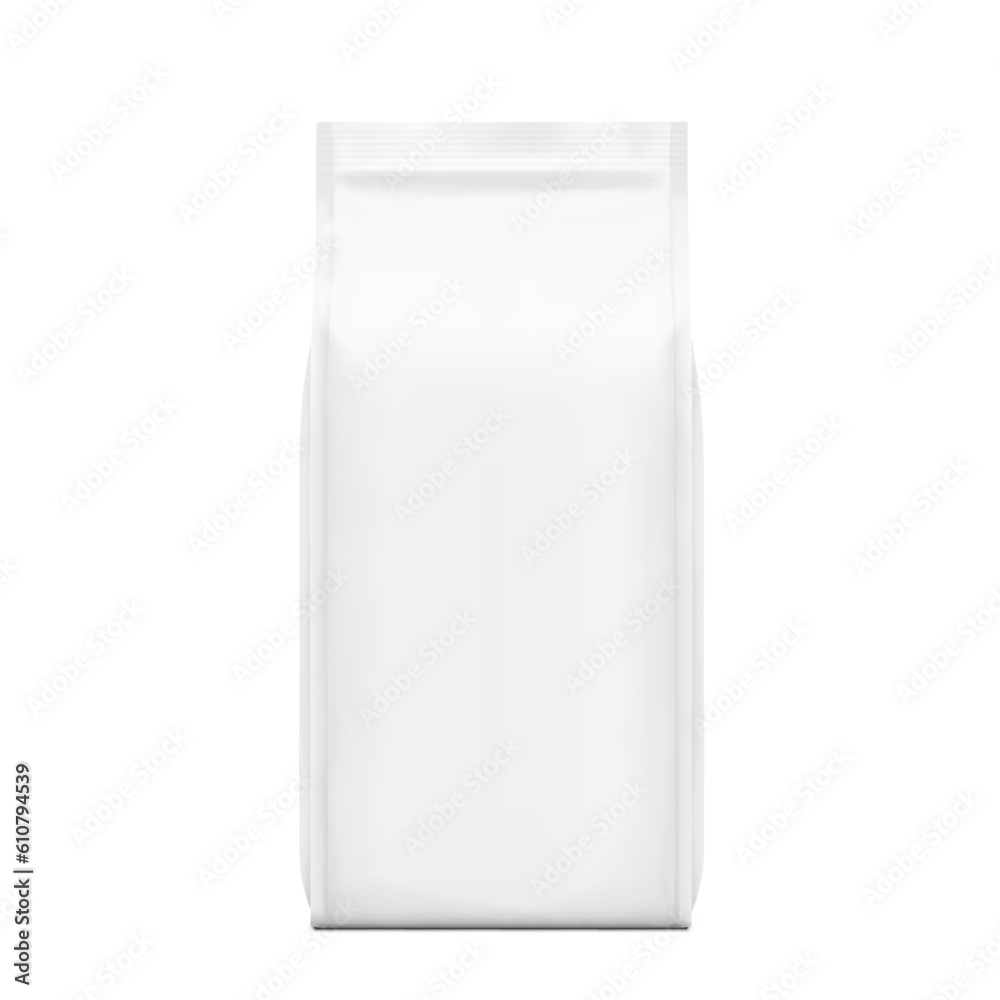Hyper realistic gusseted vertical bag mockup. Front view. Vector illustration isolated on white background. Can be use for template your design, presentation, promo, ad. EPS10. Hyper realistic gusseted vertical bag mockup. Front view. Vector illustration isolated on white background. Can be use for template your design, presentation, promo, ad. EPS10.