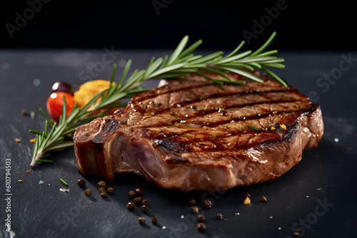 Grilled meat, beef t-bone steak with rosemary on a black stone table. 