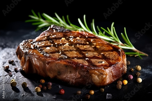 Grilled meat, beef t-bone steak with rosemary on a black stone table. 
