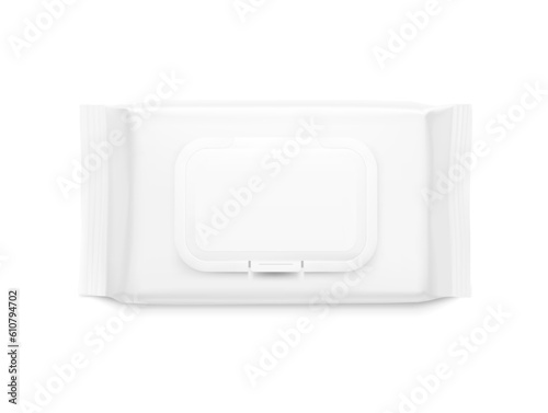 Wet wipes package bag mockup with realistic shadow. Vector illustration isolated on white background. Can be use for your design, promo, adv and etc. EPS10.