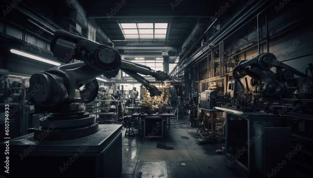 Metal industry workshop with modern machinery and robotic arms generated by AI