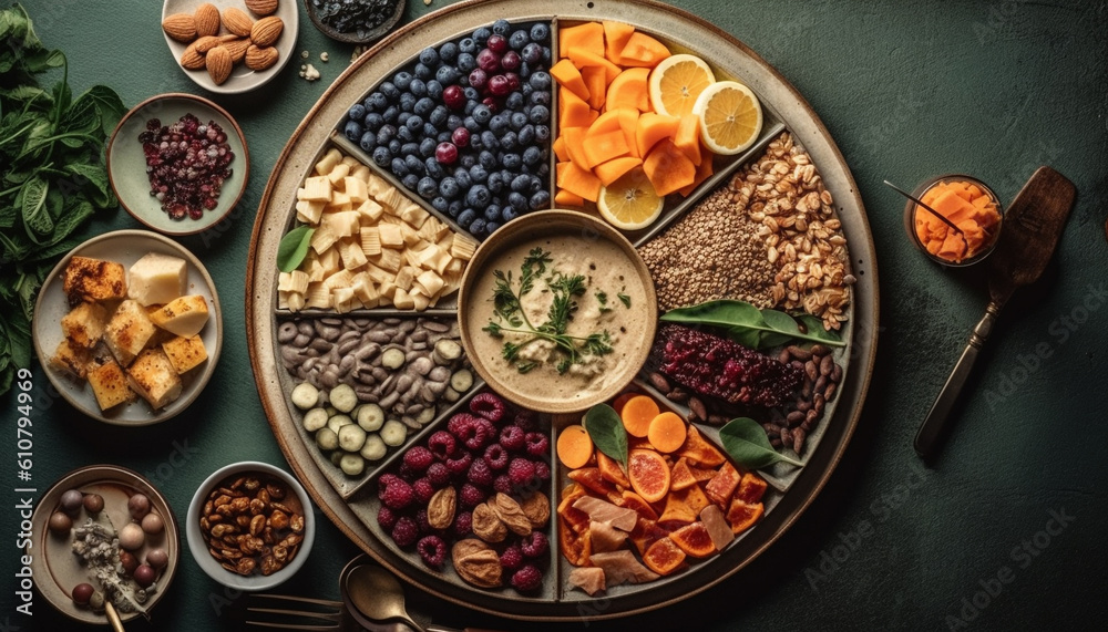 High angle view of a gourmet bowl with organic berries and granola generated by AI